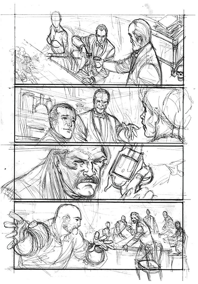 The rough pencil sketch for page 96 of Dracula The Graphic Novel before being inked.