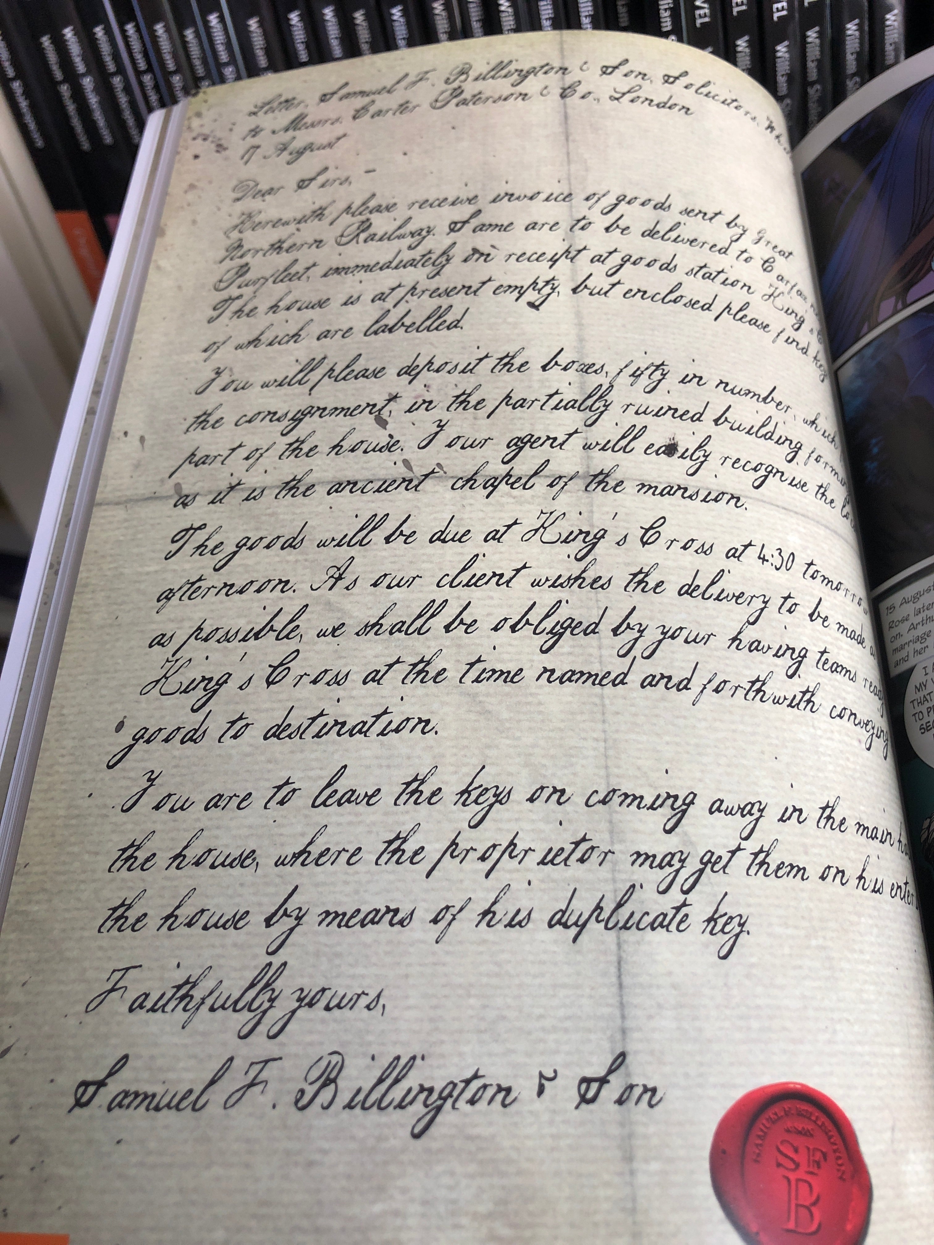 Page 42 of Draula the graphic novel. A letter written by Samuel F Billington & Son, Solicitors.