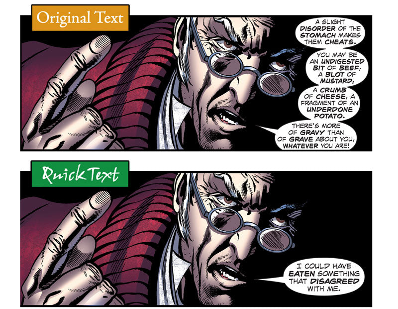 A panel comparison from A Christmas Carol showing the difference between Original Text and Quick Text.