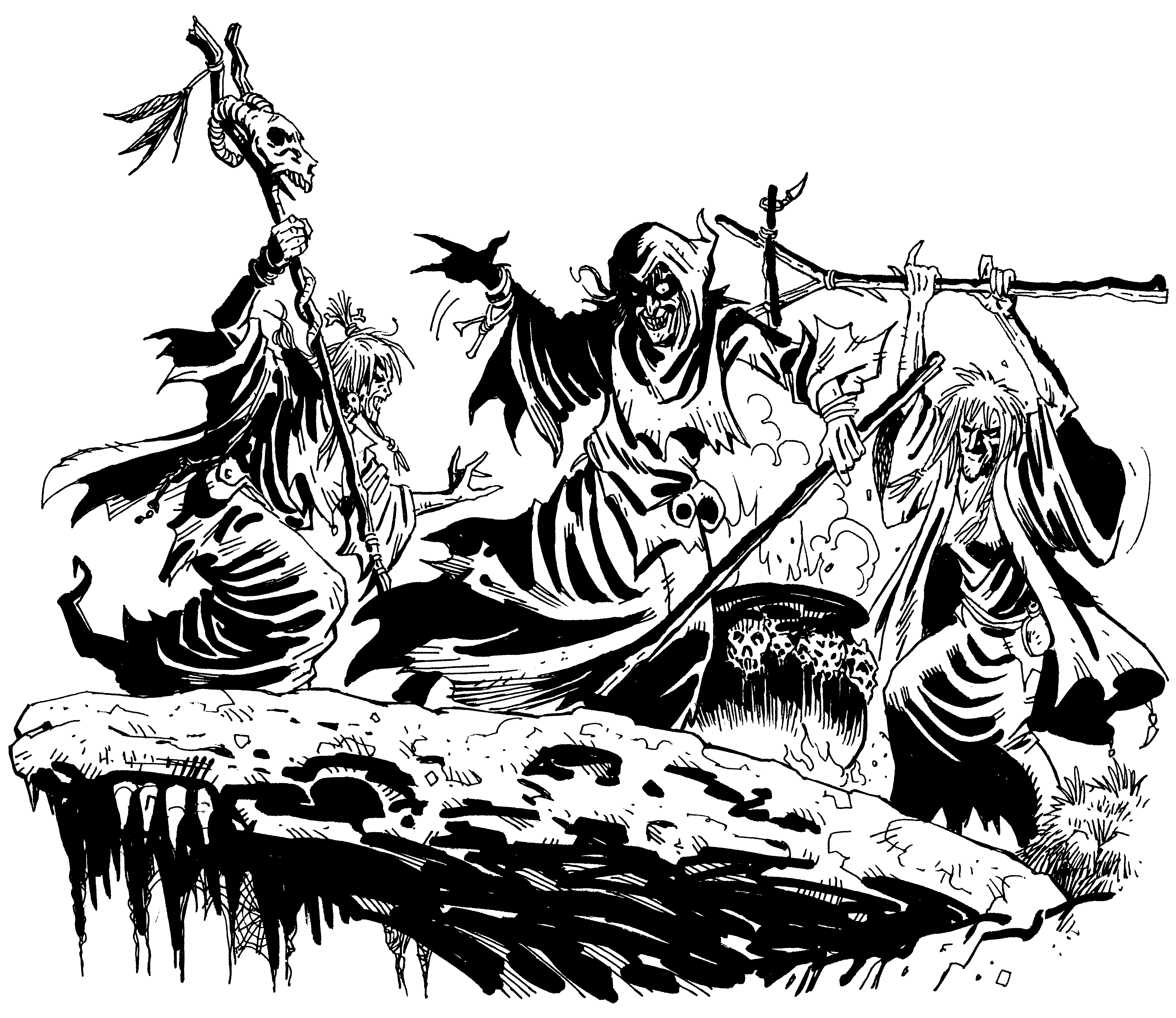 An inked drawing of three witches from Macbeth dancing around a cauldron.