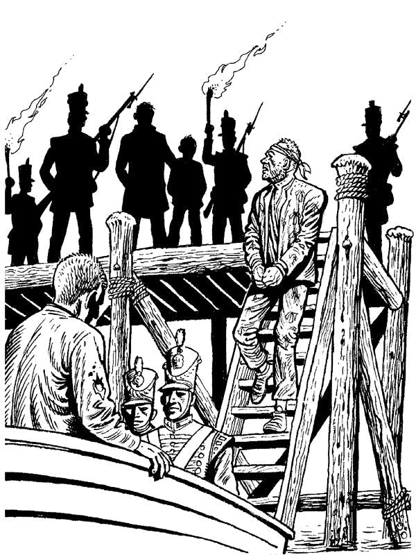 An inked sketch showing a boat transferring prisoners to a nearby prison hulk by torchlight.