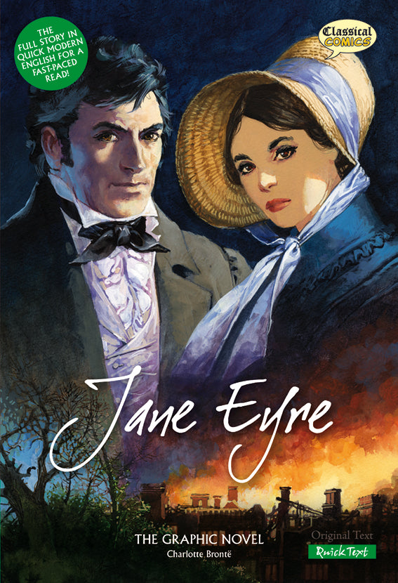 Front cover of Quick Text Jane Eyre: The Graphic Novel showing main characters Jane and Mr Rochester.