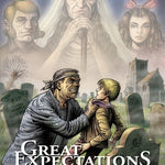 Front cover of Quick Text Great Expectations: The Graphic Novel Pip being restrained in a graveyard by an angry Magwitch. Ghostly figures of Joe, Estella and Miss Havisham are behind.