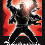 Front cover of Original Text Frankenstein: The Graphic Novel showing the monster in a ripped shirt shouting with his arms in the air.