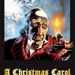 Front cover of Original Text A Christmas Carol: The Graphic Novel showing Ebenezer Scrooge holding a candle. The 4 ghosts are behind him.