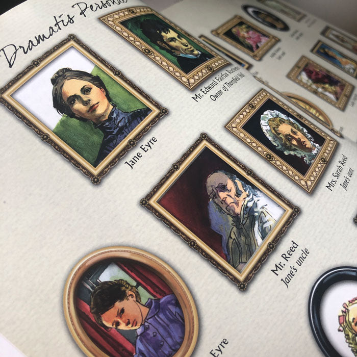 A close up image of the Dramatis Personae showing various characters from Jane Eyre.