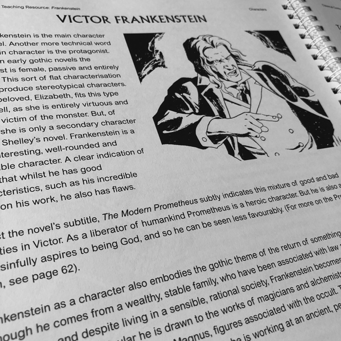 A close up of an interior page from Frankenstein Teaching Resource Pack.
