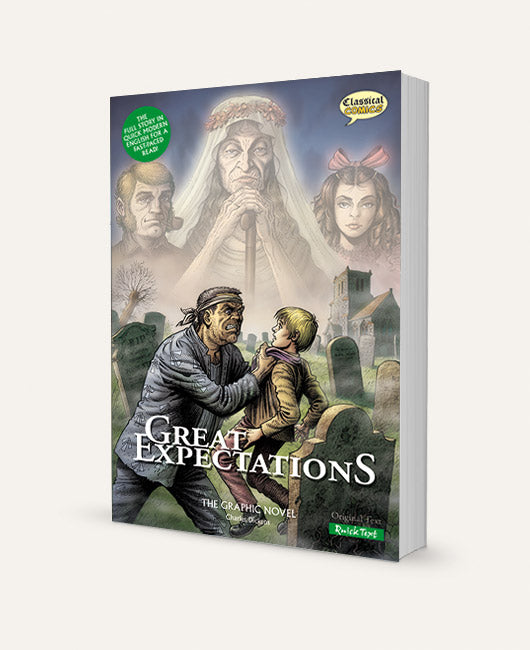 A three-dimensional book showing the Quick Text version of Great Expectations The Graphic Novel
