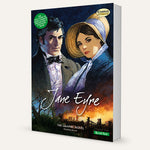A three-dimensional book showing the Quick Text version of Jane Eyre The Graphic Novel