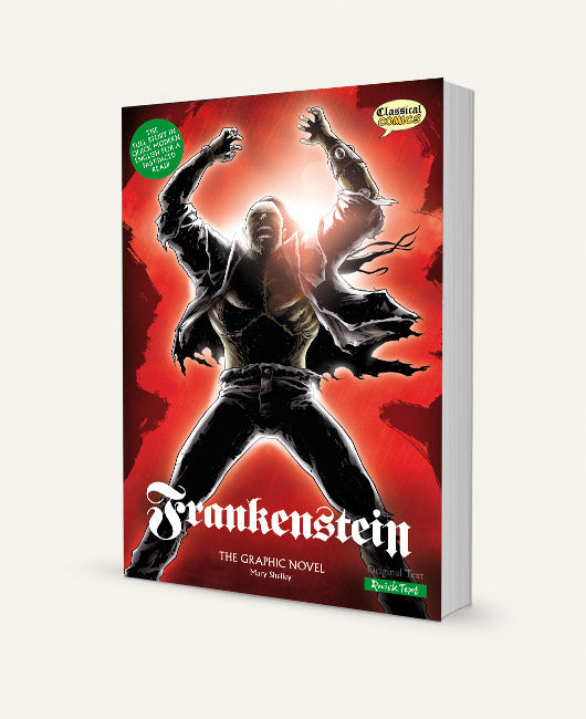 A three-dimensional book showing the Quick Text version of Frankenstein The Graphic Novel