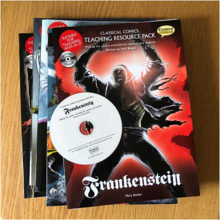 A pile of Teaching Resource Packs with the Frankenstein Teaching Resource Pack and CD on the top.