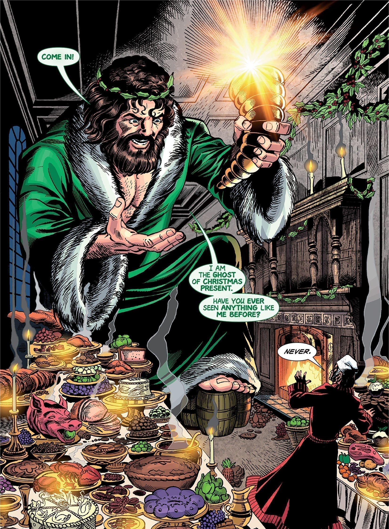 The Ghost Of Christmas Present introduces himself to Scrooge.