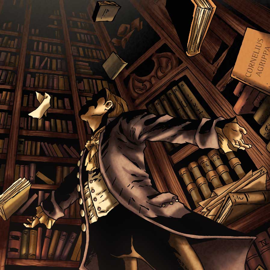 Doctor Frankenstein in a library surrounded by lots of books.