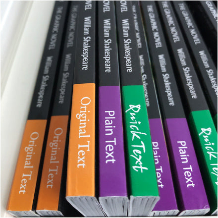 3 book spines showing the 3 text options available: Original Text, Plain Text and Quick Text