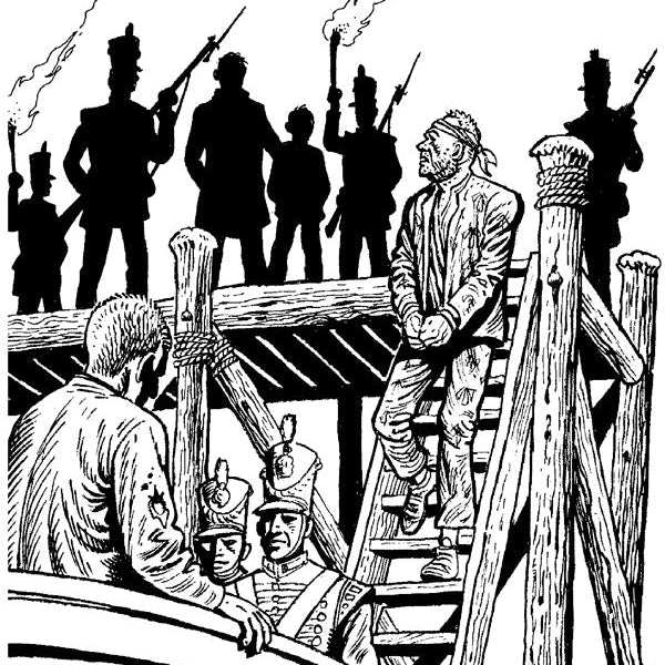 An inked sketch showing a boat transferring prisoners to a nearby prison hulk by torchlight.