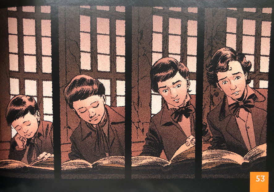4 images of Ebenezer Scrooge showing the passage of time from boy to man. Each image shows him studying a book at school.
