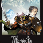 Front cover of Original Text Macbeth: The Graphic Novel showing Macbeth in battle holding a sword and shield. Lady Macbeth, Banquo and the three witches are in the background.