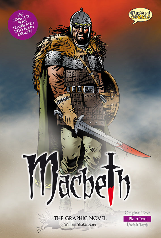 Front cover of Plain Text Macbeth: The Graphic Novel showing Macbeth standing alone in a misty battlefield. His sword is bloody.