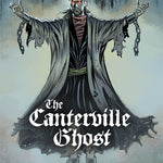 Front cover of Quick Text The Canterville Ghost: The Graphic Novel showing the ghost in ripped robes and chains floating in the air.