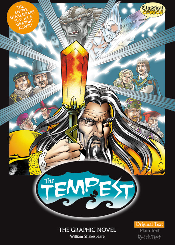 Front cover of Original Text The Tempest: The Graphic Novel showing Prospero holding his magic staff in the foreground. Other cast members are shown behind him.