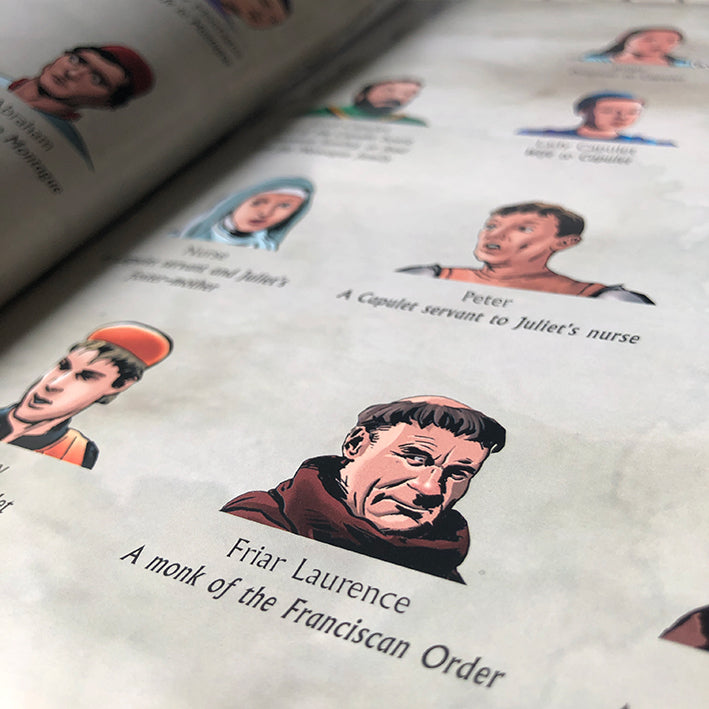 A close up image of the Dramatis Personae showing various characters from Romeo and Juliet.