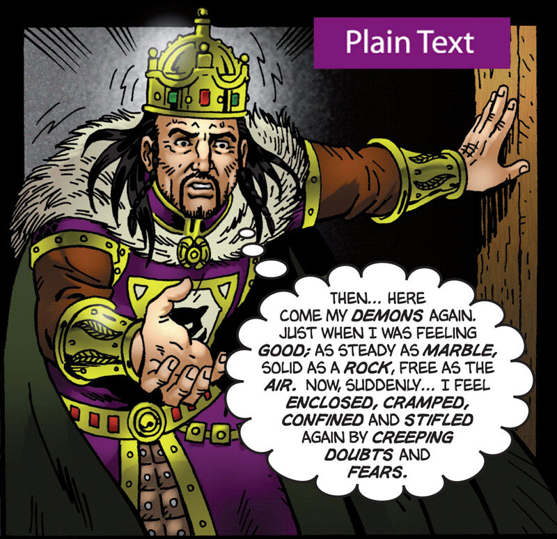 A panel from the Plain Text version of Macbeth the graphic novel. The text is a plain English translation of the original script.
