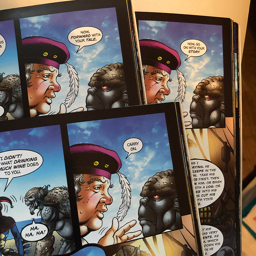 Three panels from three versions of The Tempest graphic novels showing the difference in dialogue.