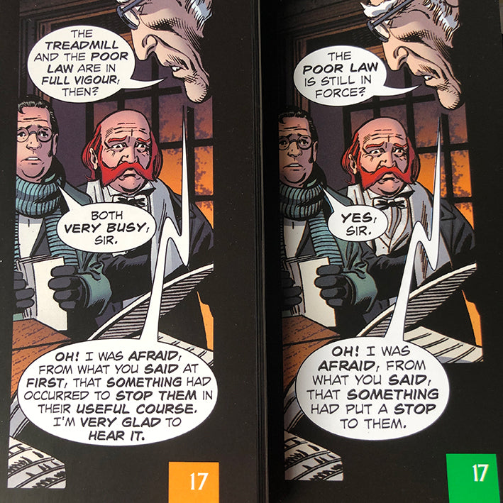 A panel comparison from A Christmas Carol showing the difference between Original Text and Quick Text.