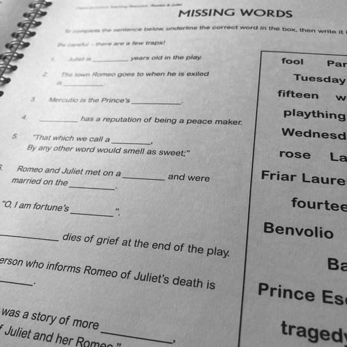 A close up of an interior page from Romeo and Juliet Teaching Resource Pack.
