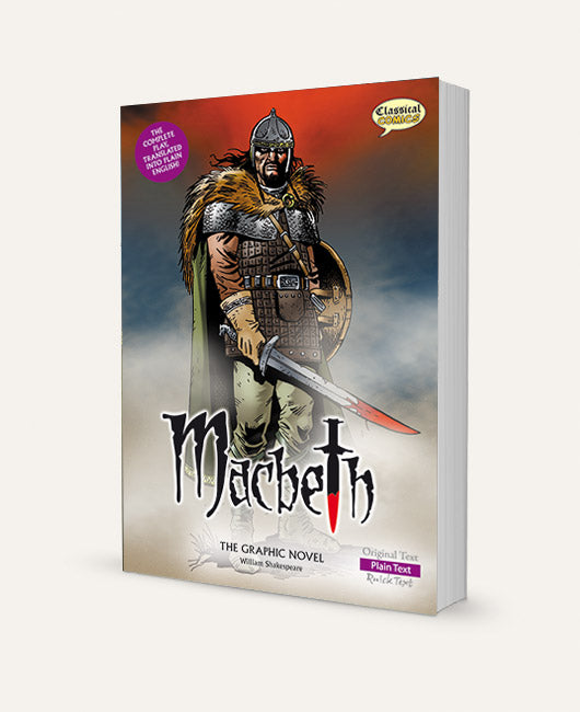 A three-dimensional book showing the Plain Text version of Macbeth The Graphic Novel