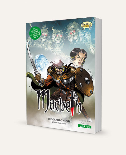 A three-dimensional book showing the Quick Text version of Macbeth The Graphic Novel