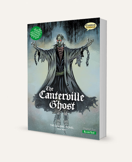 A three-dimensional book showing the Quick Text version of The Canterville Ghost The Graphic Novel